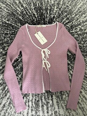 Mauve Tie-Front Ribbed Long-Sleeve Top